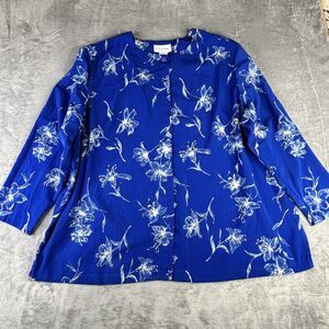 Graver Studio Blouse Womens 3X Blue‎ Floral Button Up Long Sleeve Made USA Top